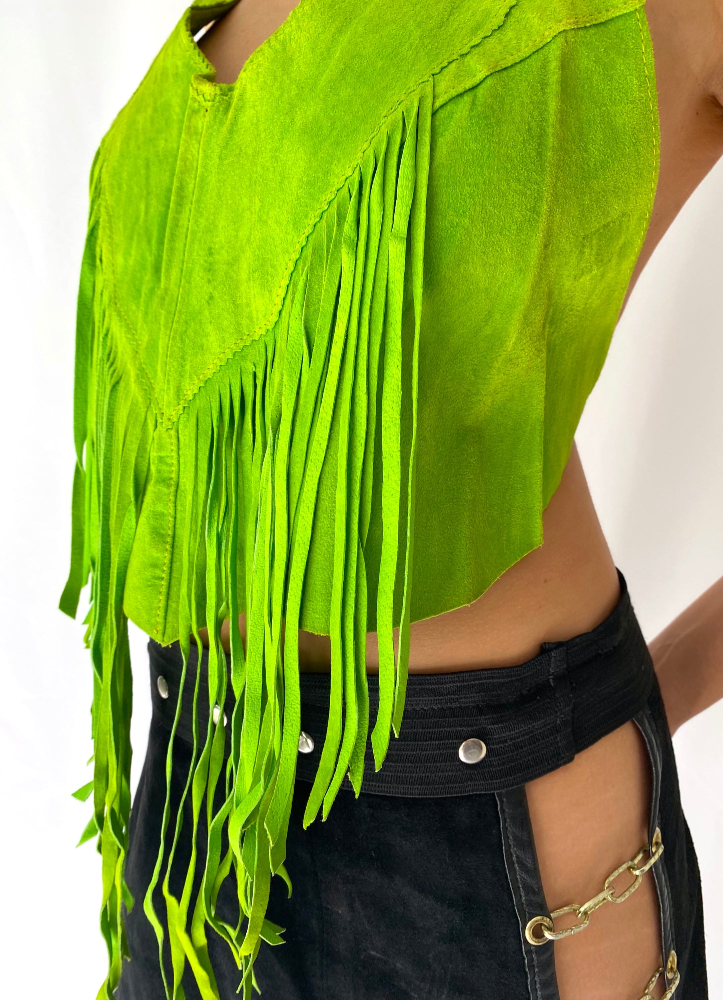 80s 90s vintage handmade green suede leather fringe halter top – one size | festival western backless tank