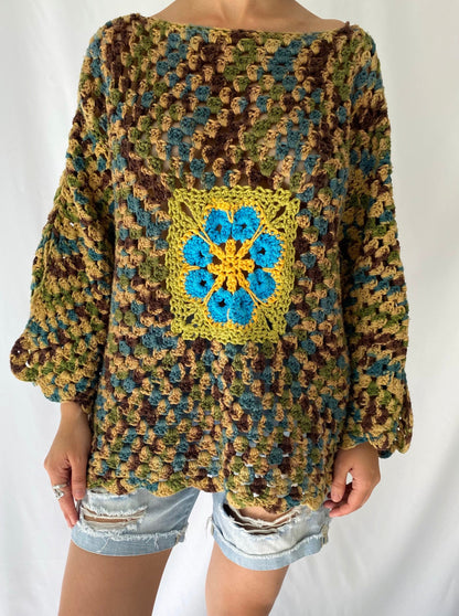 70s vintage handmade granny square flower power crochet sweater – size medium | groovy hippie festival thick hand knit cardigan