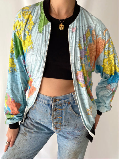 90s vintage colorful world map paper thin windbreaker