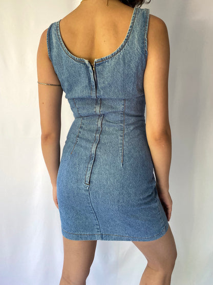 90s vintage light blue denim classic fitted sleeveless mini dress – small | switch usa bodycon retro jean buttons zip summer short minidress