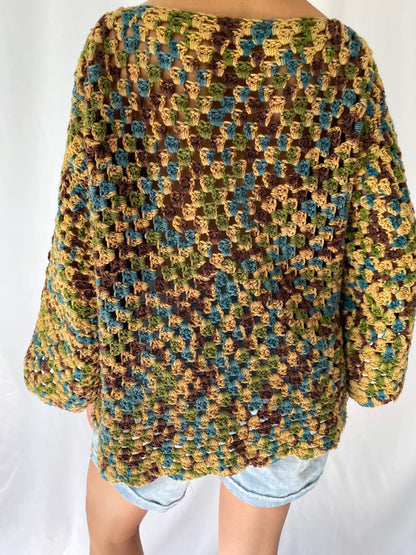 70s vintage handmade granny square flower power crochet sweater – size medium | groovy hippie festival thick hand knit cardigan