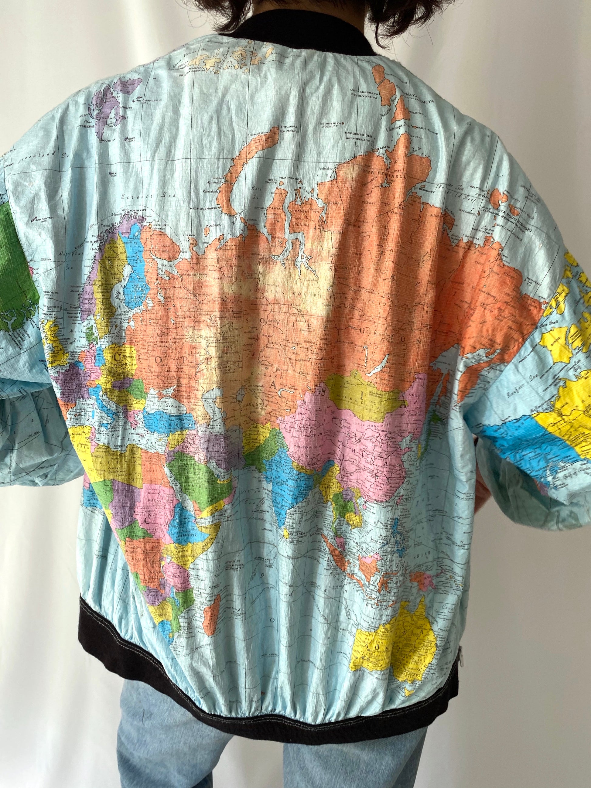 90s vintage colorful world map paper thin windbreaker