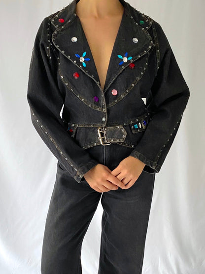 80s vintage dark grey blue denim embellished rainbow gems jacket – medium, large | retro boxy peplum studded jean blazer