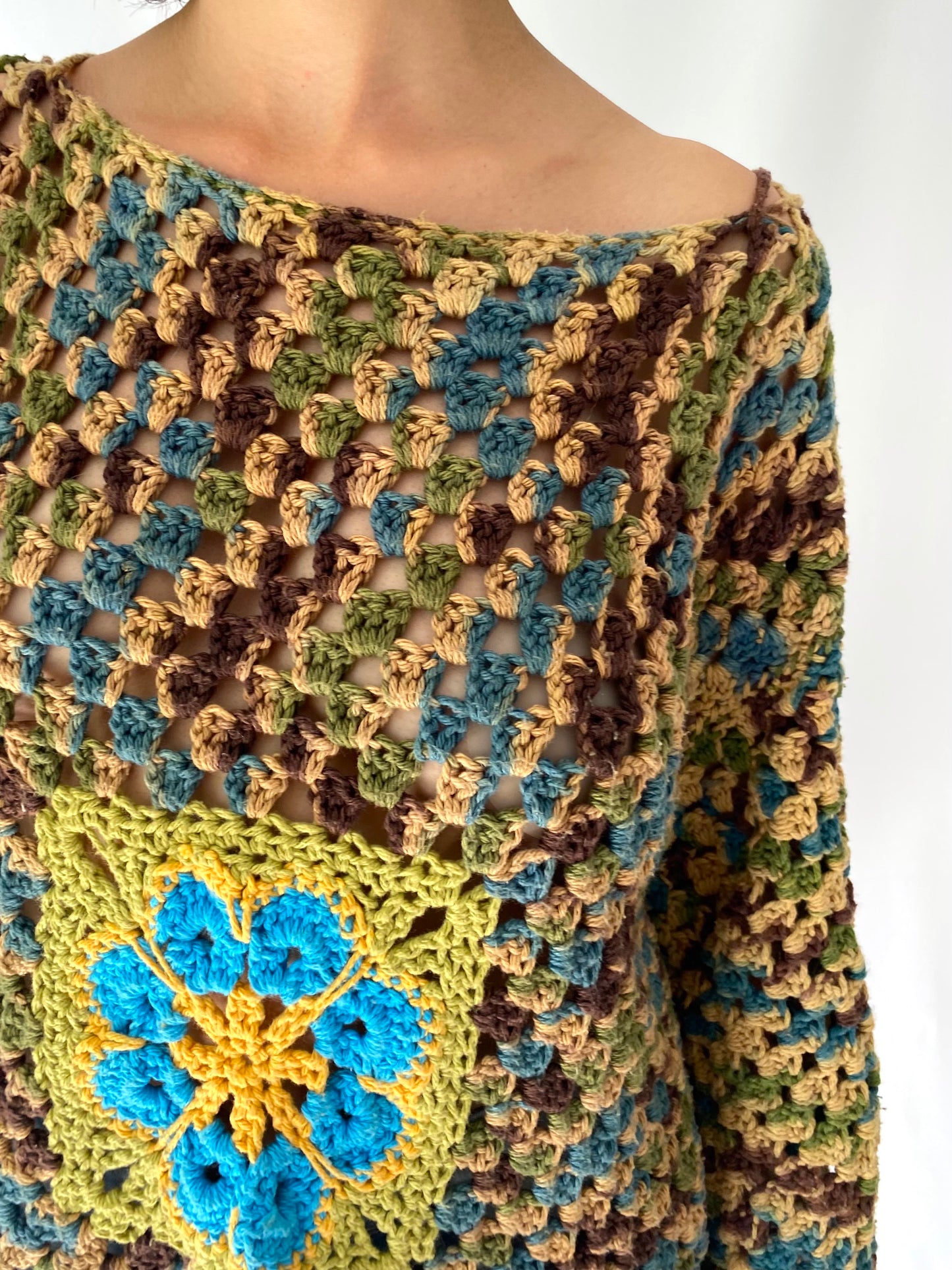 70s vintage handmade granny square flower power crochet sweater – size medium | groovy hippie festival thick hand knit cardigan