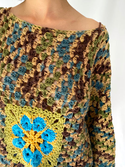 70s vintage handmade granny square flower power crochet sweater – size medium | groovy hippie festival thick hand knit cardigan