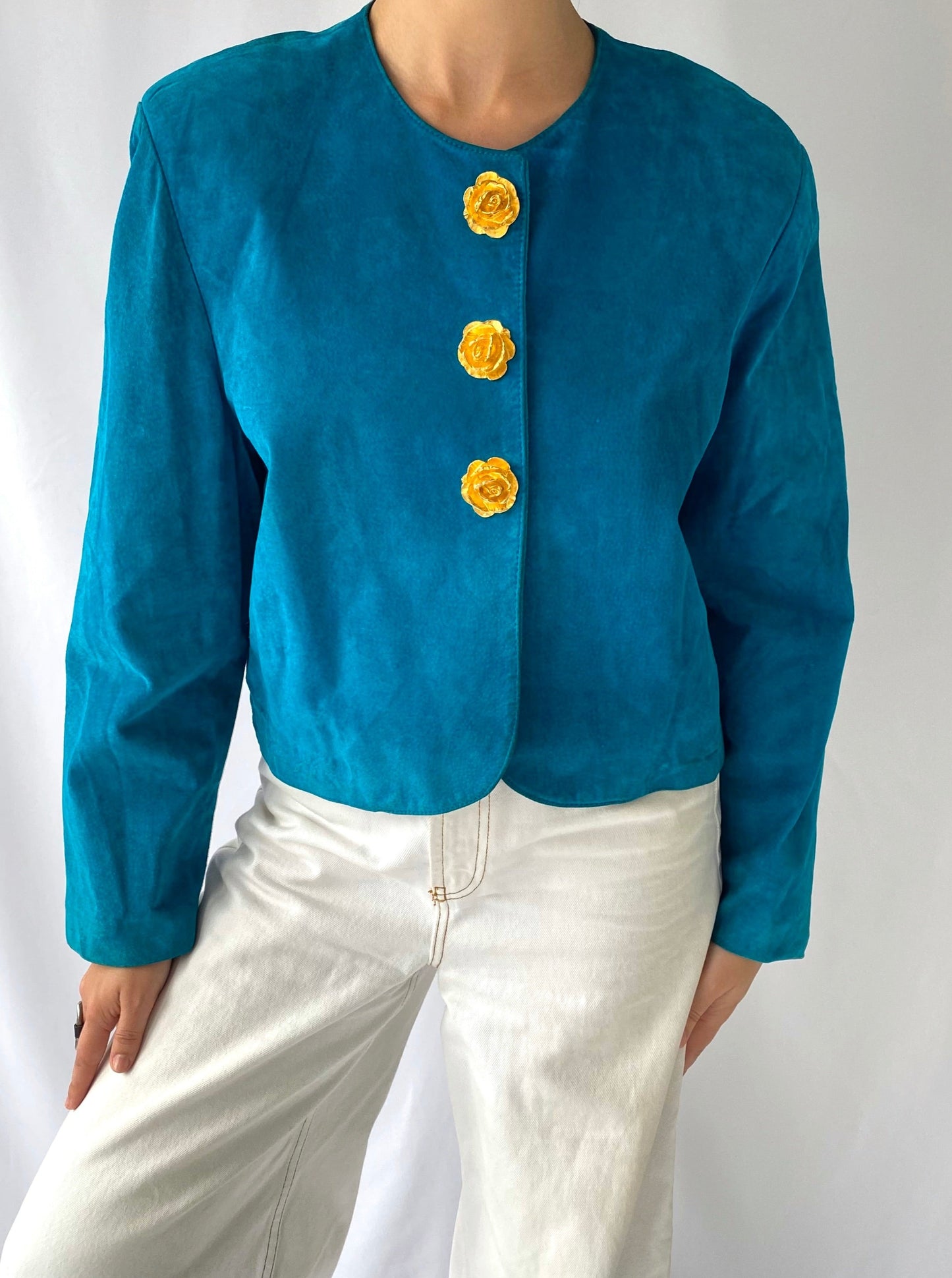 80s vintage turquoise blue suede leather blazer jacket