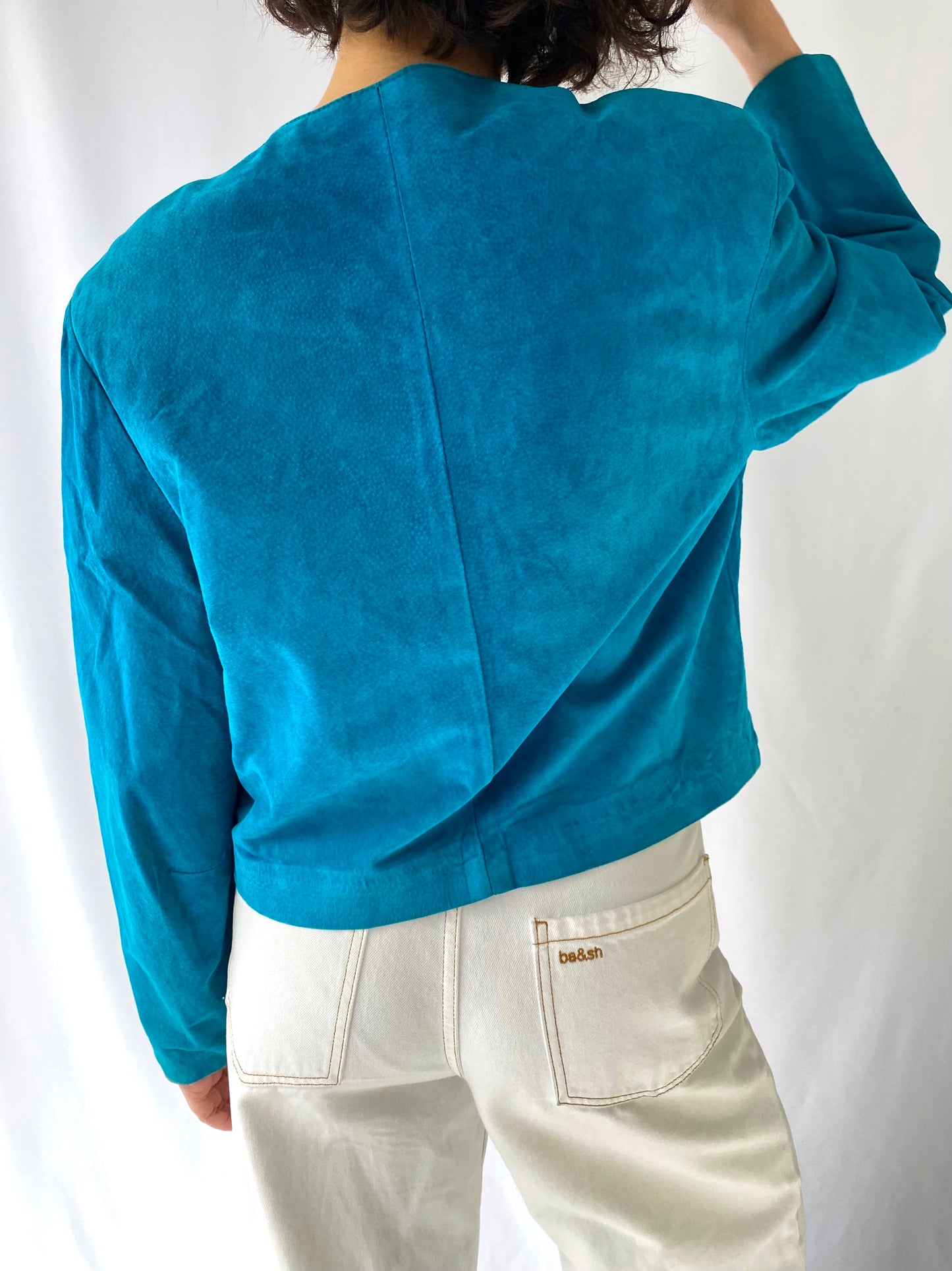 80s vintage turquoise blue suede leather blazer jacket