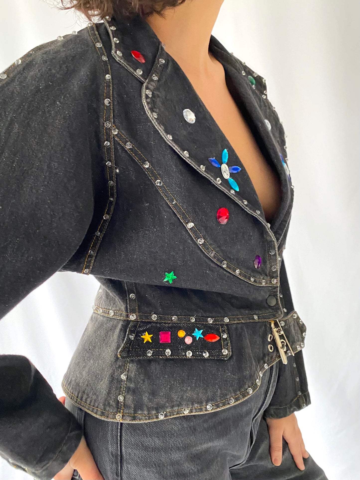 80s vintage dark grey blue denim embellished rainbow gems jacket – medium, large | retro boxy peplum studded jean blazer