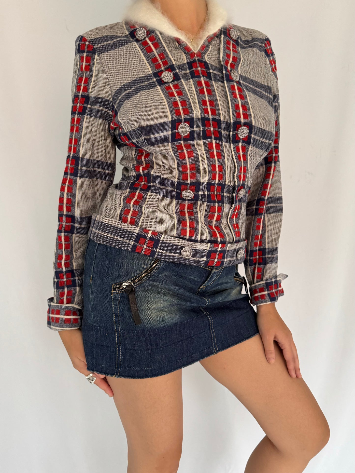 vintage handmade multicolor plaid blouse with angora trim collar – extra small | unique retro fitted mod twee folky top