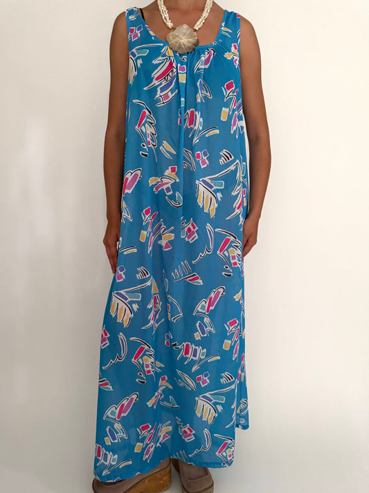 70s vintage blue abstract print sheer kaftan maxi dress – medium large | made in USA flowy sundress