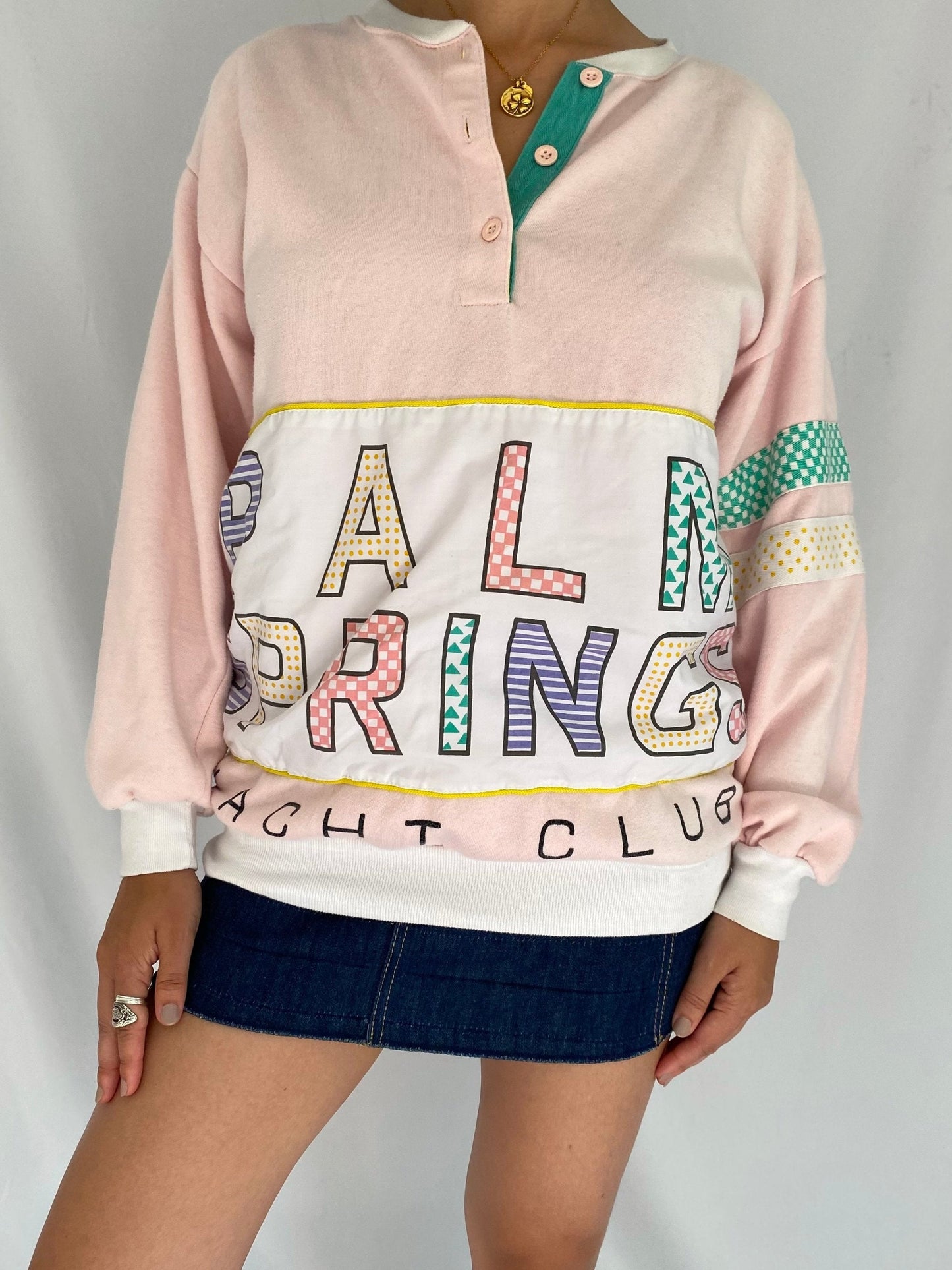 80s vintage pink palm springs california pullover sweater – medium, large | graphic quarter zip long sleeved sweatshirt