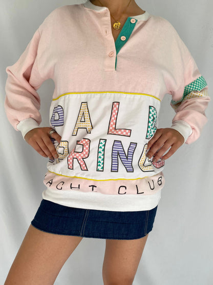 80s vintage pink palm springs california pullover sweater – medium, large | graphic quarter zip long sleeved sweatshirt