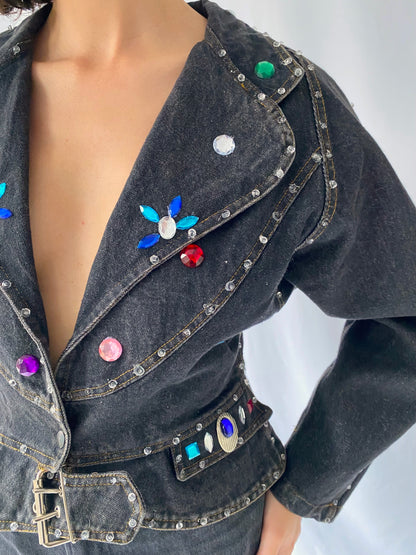 80s vintage dark grey blue denim embellished rainbow gems jacket – medium, large | retro boxy peplum studded jean blazer