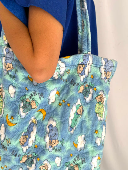 vintage handmade sleeping teddy bear large fabric tote bag