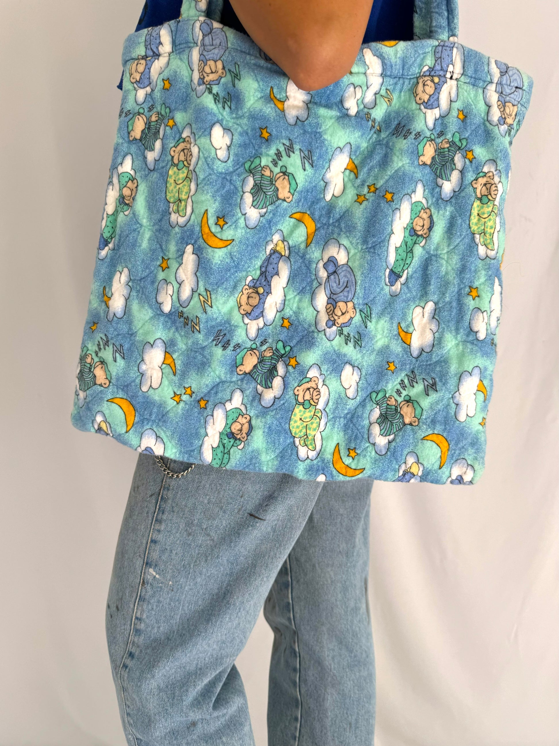vintage handmade sleeping teddy bear large fabric tote bag