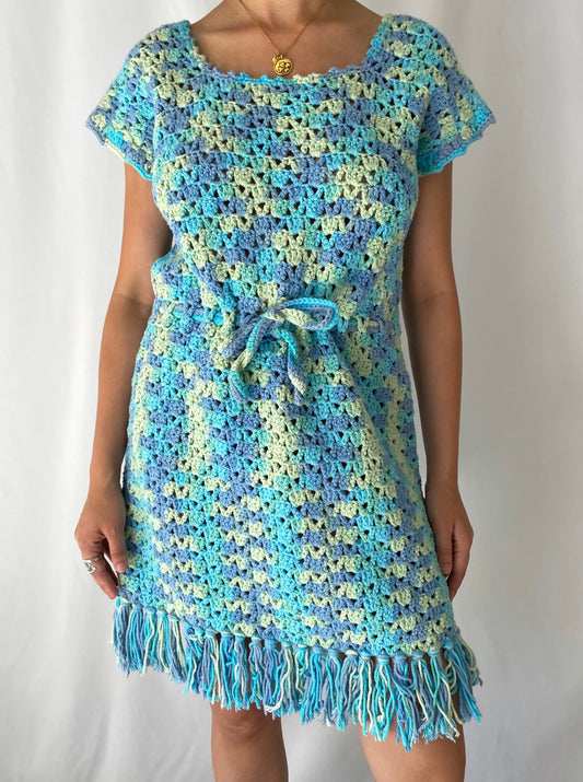 70s vintage handmade blue yellow crochet midi dress – size medium, large | granny hand knit sweater dress with fringe