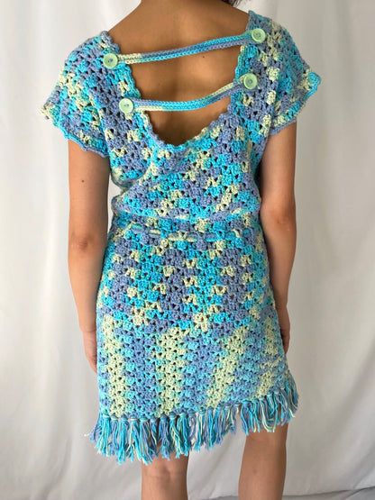 70s vintage handmade blue yellow crochet midi dress – size medium, large | granny hand knit sweater dress with fringe