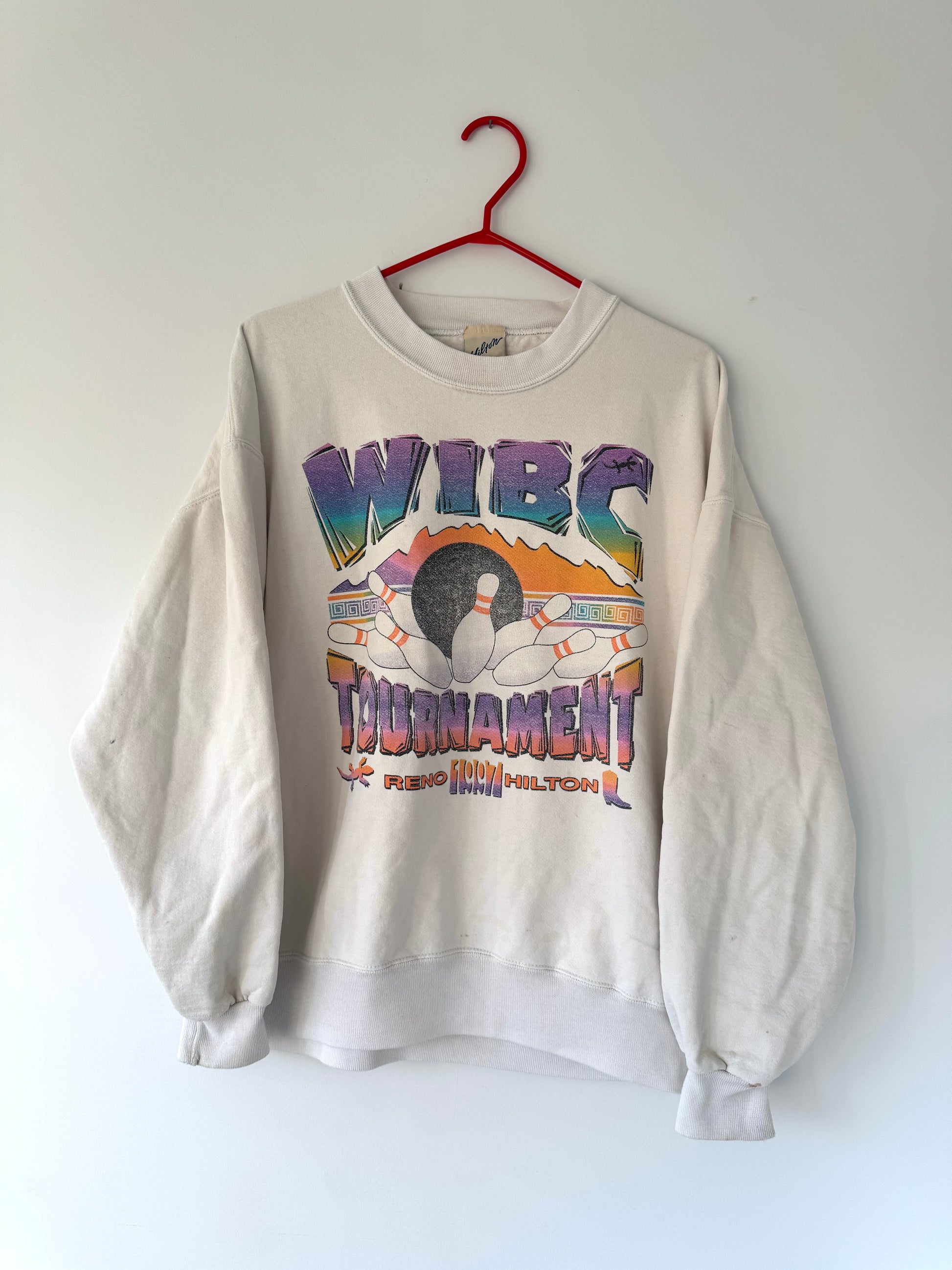 90s vintage colorful retro bowling pins tournament faded graphic pullover sweater