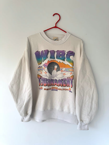 90s vintage colorful retro bowling pins tournament faded graphic pullover sweater