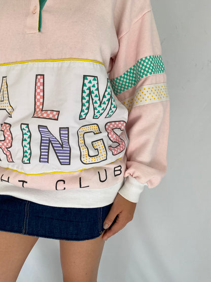 80s vintage pink palm springs california pullover sweater – medium, large | graphic quarter zip long sleeved sweatshirt