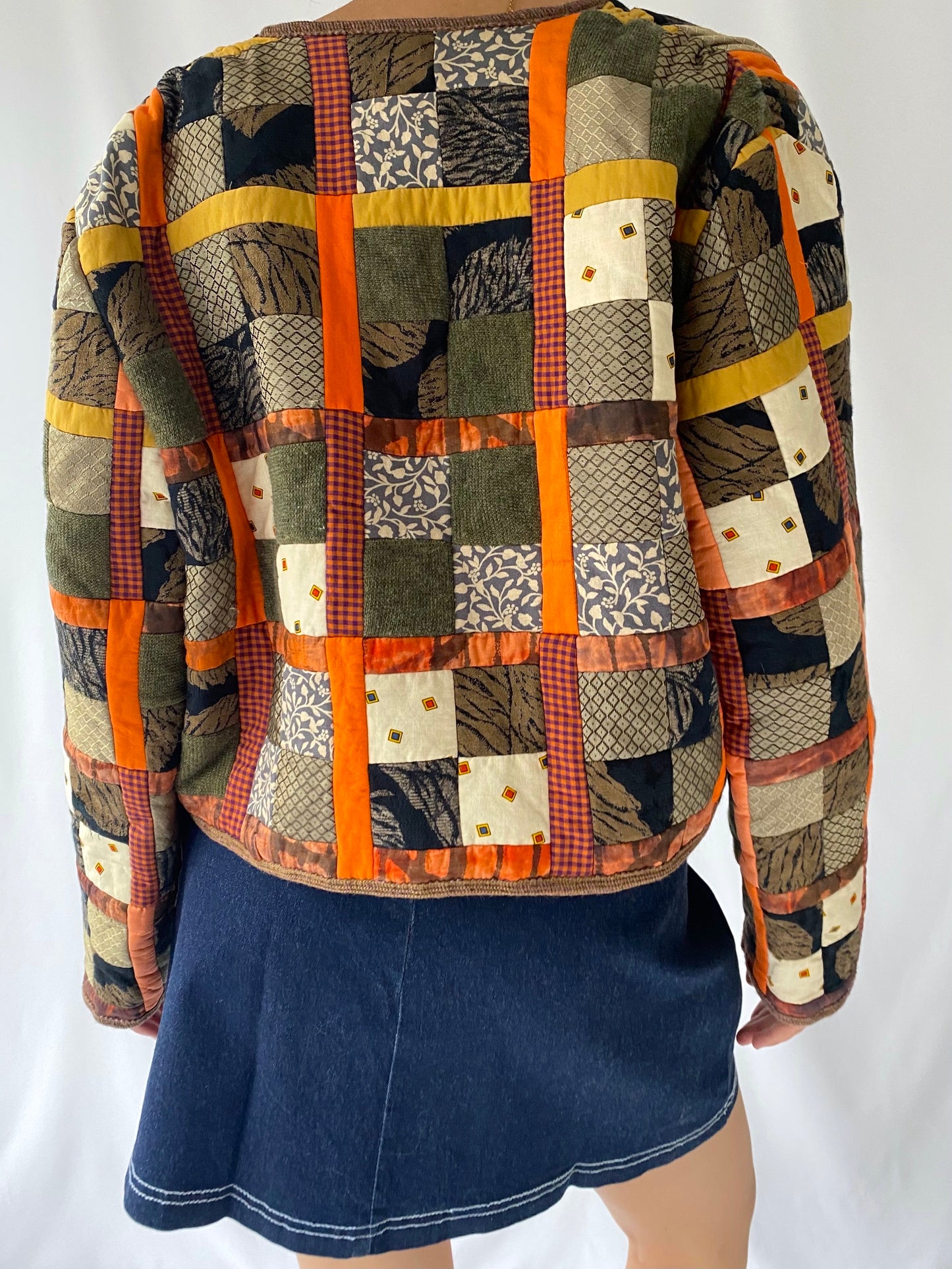vintage brown orange quilted patchwork cropped jacket 