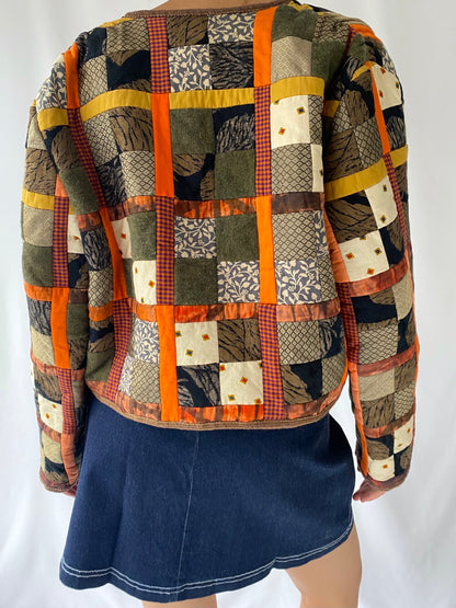 vintage brown orange quilted patchwork cropped jacket 