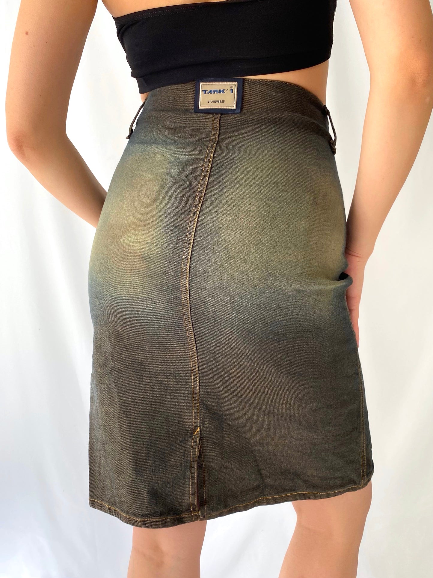 y2k vintage blue brown faded denim midi skirt with buckle belt – small, medium | edgy grunge Paris made in France wiggle pencil skirt