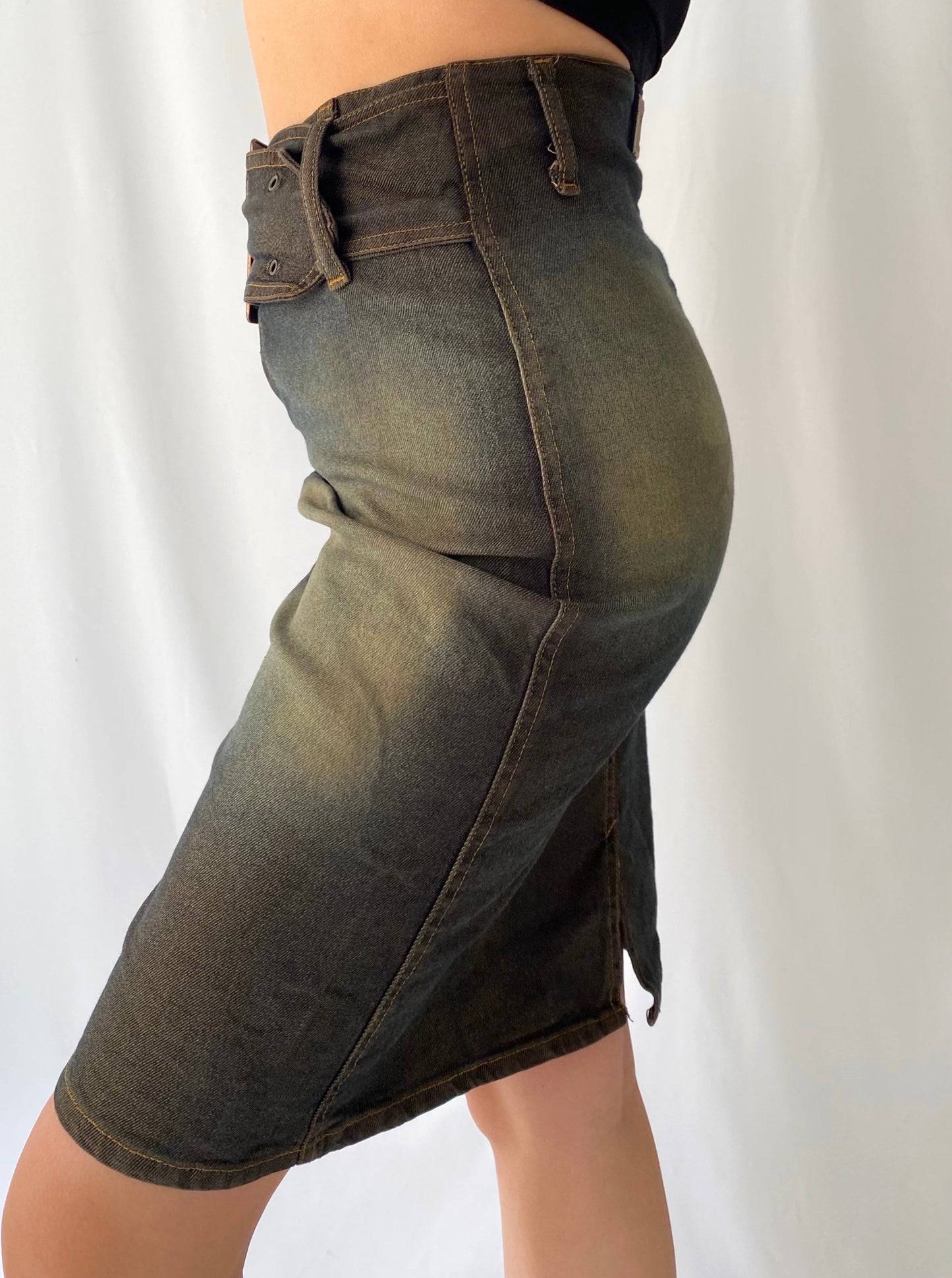 y2k vintage blue brown faded denim midi skirt with buckle belt – small, medium | edgy grunge Paris made in France wiggle pencil skirt