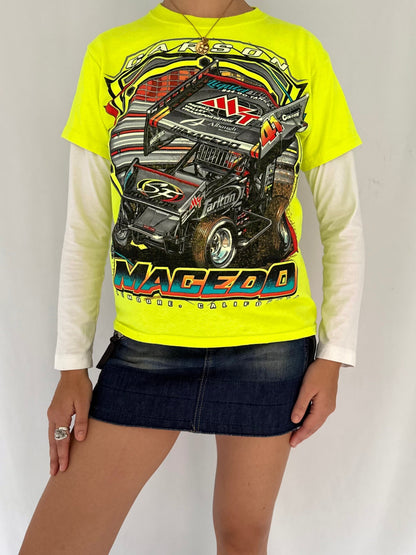 90s vintage yellow neon race car graphic tee shirt - small | bright hot rod nascar cotton short sleeved tshirt