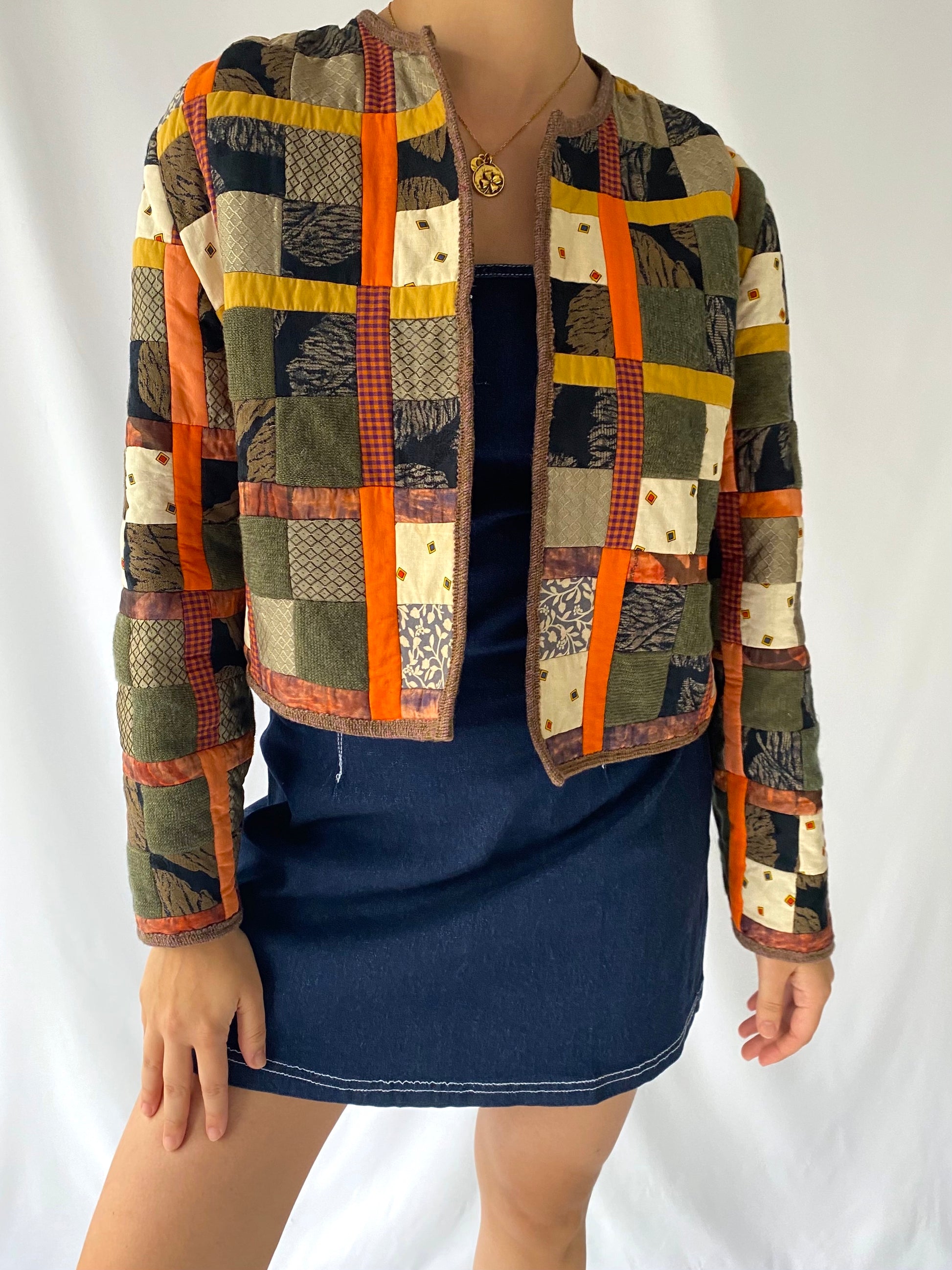 vintage brown orange quilted patchwork cropped jacket 
