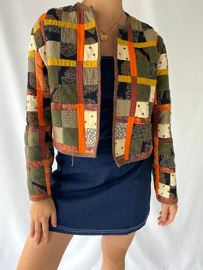 vintage brown orange quilted patchwork cropped jacket 