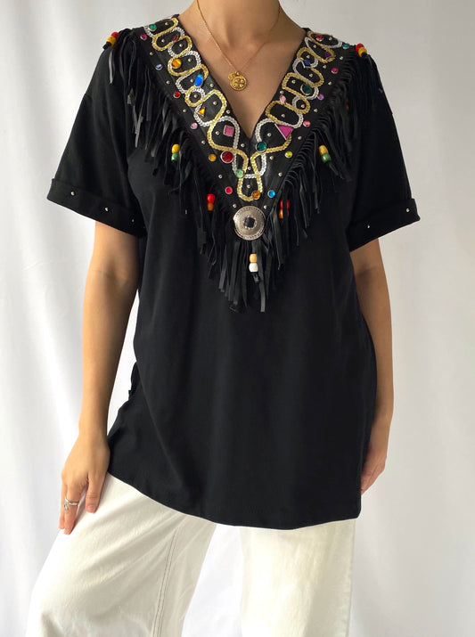 80s vintage black colorful embellished bedazzled fringe shirt – unisex one size | western cotton leather sequin short sleeved top