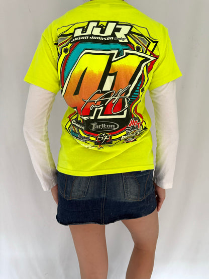 90s vintage yellow neon race car graphic tee shirt - small | bright hot rod nascar cotton short sleeved tshirt