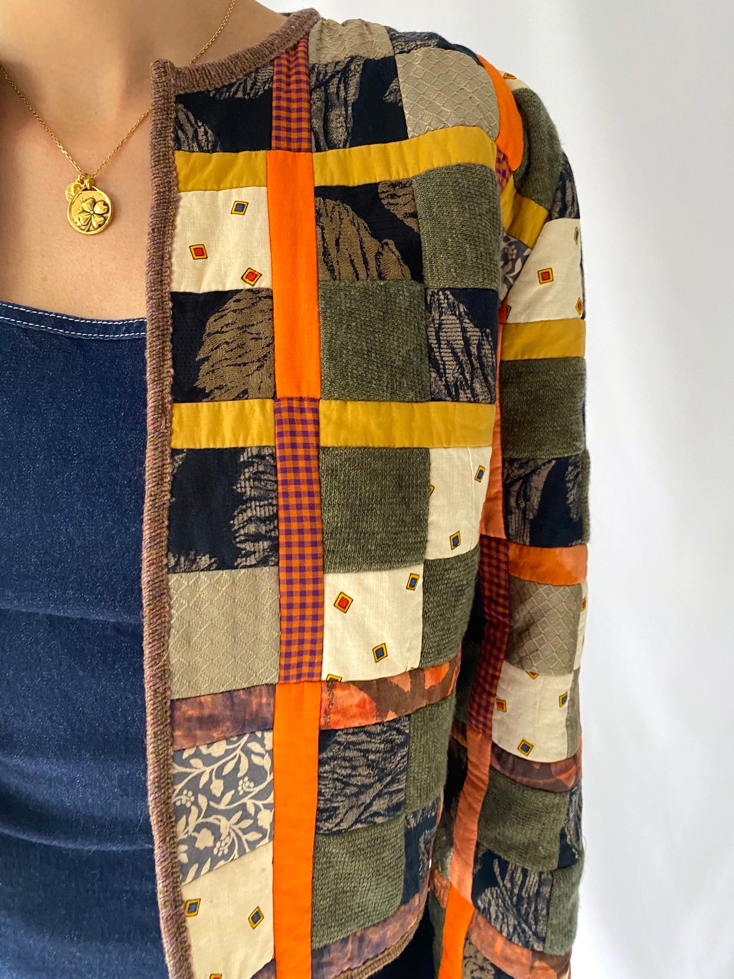 vintage brown orange quilted patchwork cropped jacket 