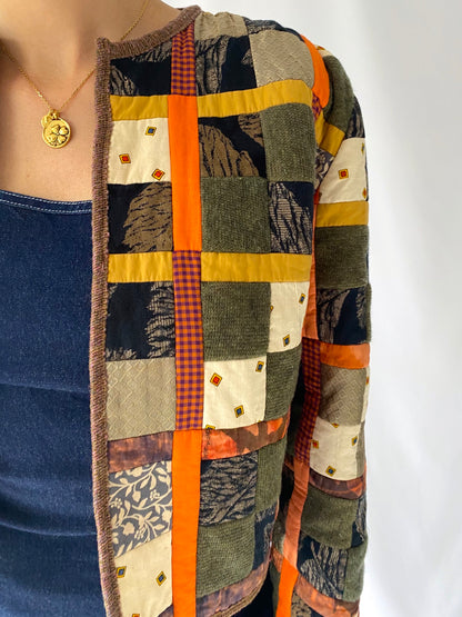vintage brown orange quilted patchwork cropped jacket 