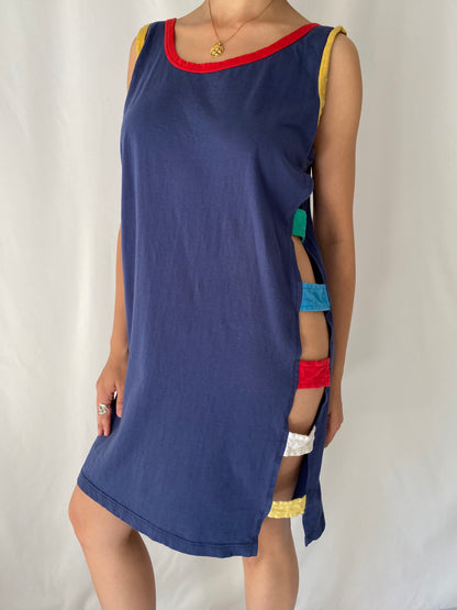 90s vintage navy multicolor cut out midi dress – medium, large | rainbow color block retro coverup