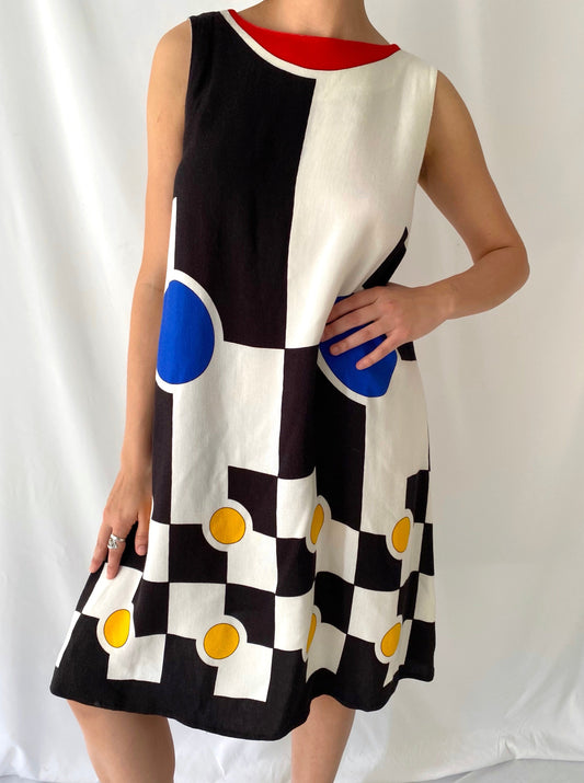 60s 70s vintage multicolor abstract geometric midi dress – small, medium | handmade mod artsy sleeveless tunic