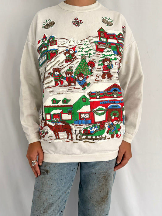 90s vintage colorful teddy bear christmas scene pullover sweater – medium | outdoor winter holiday graphic collared sweatshirt