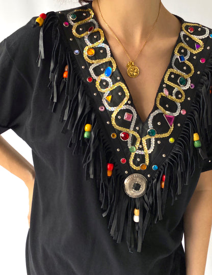 80s vintage black colorful embellished bedazzled fringe shirt