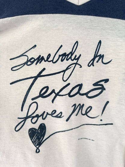 80s vintage navy white somebody in texas loves me baseball tee shirt – small, medium | graphic travel souvenir half sleeved top