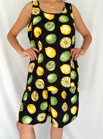 80s vintage lemon lime print tank top shorts matching set – medium, large | fruits two piece coord set