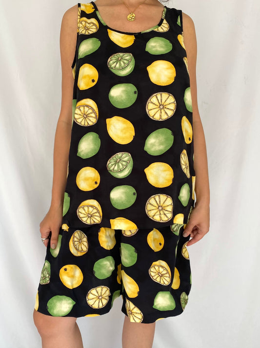 80s vintage lemon lime print tank top shorts matching set – medium, large | fruits two piece coord set