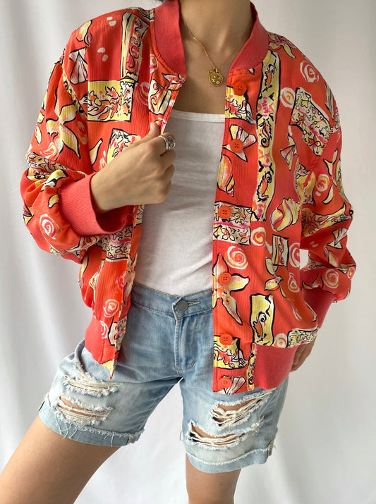 90s vintage coral pink seashell bomber jacket – medium, large | unisex bright retro casual windbreaker