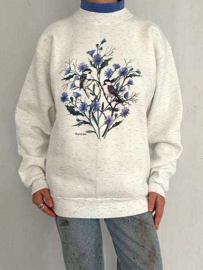 90s vintage birds flowers nature print graphic pullover sweatshirt