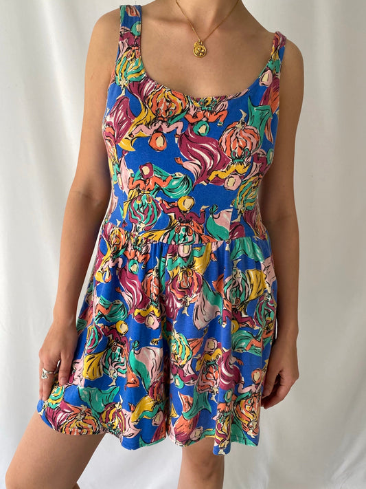 90s vintage multicolor abstract print sleeveless romper – medium | retro flared wide leg playsuit with pockets