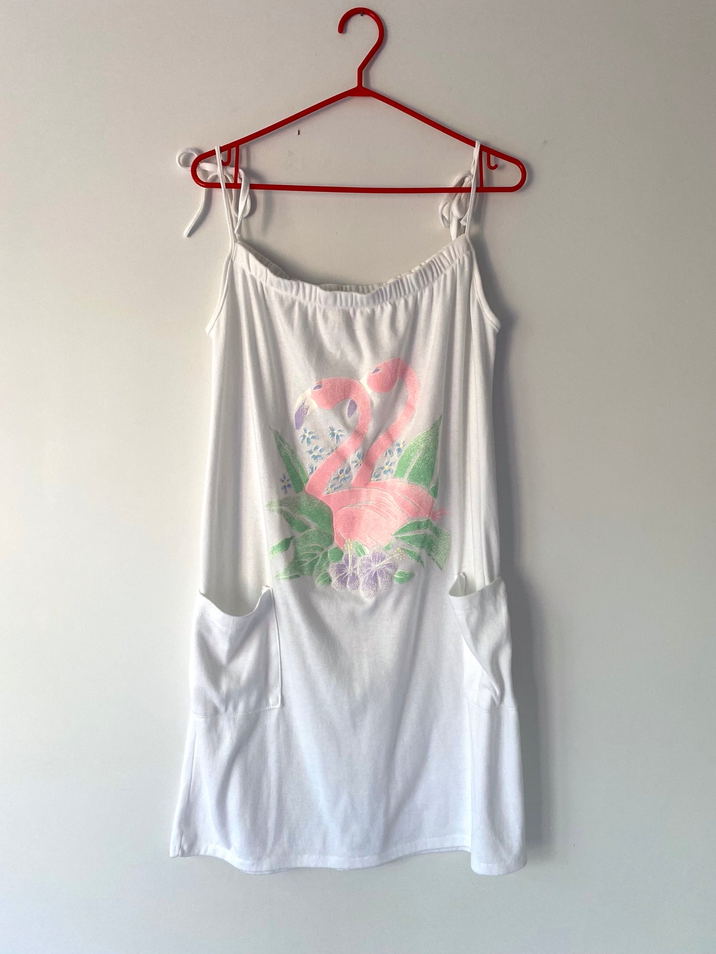 80s vintage white pastel flamingo sleeveless beach cover up dress – medium, large | vacation tropical cotton midi dress with pockets