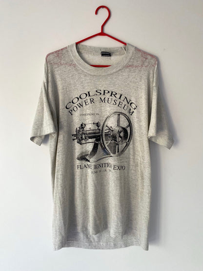 90s vintage grey distressed thrashed cool spring power museum long tee shirt – unisex large | retro ripped holes paper thin faded tshirt