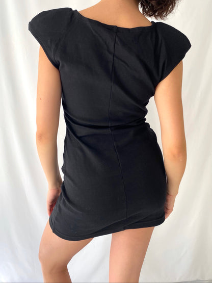 80s vintage black sleeveless belted short mini dress – small, medium | deadstock strong shoulders cotton retro fitted party dress