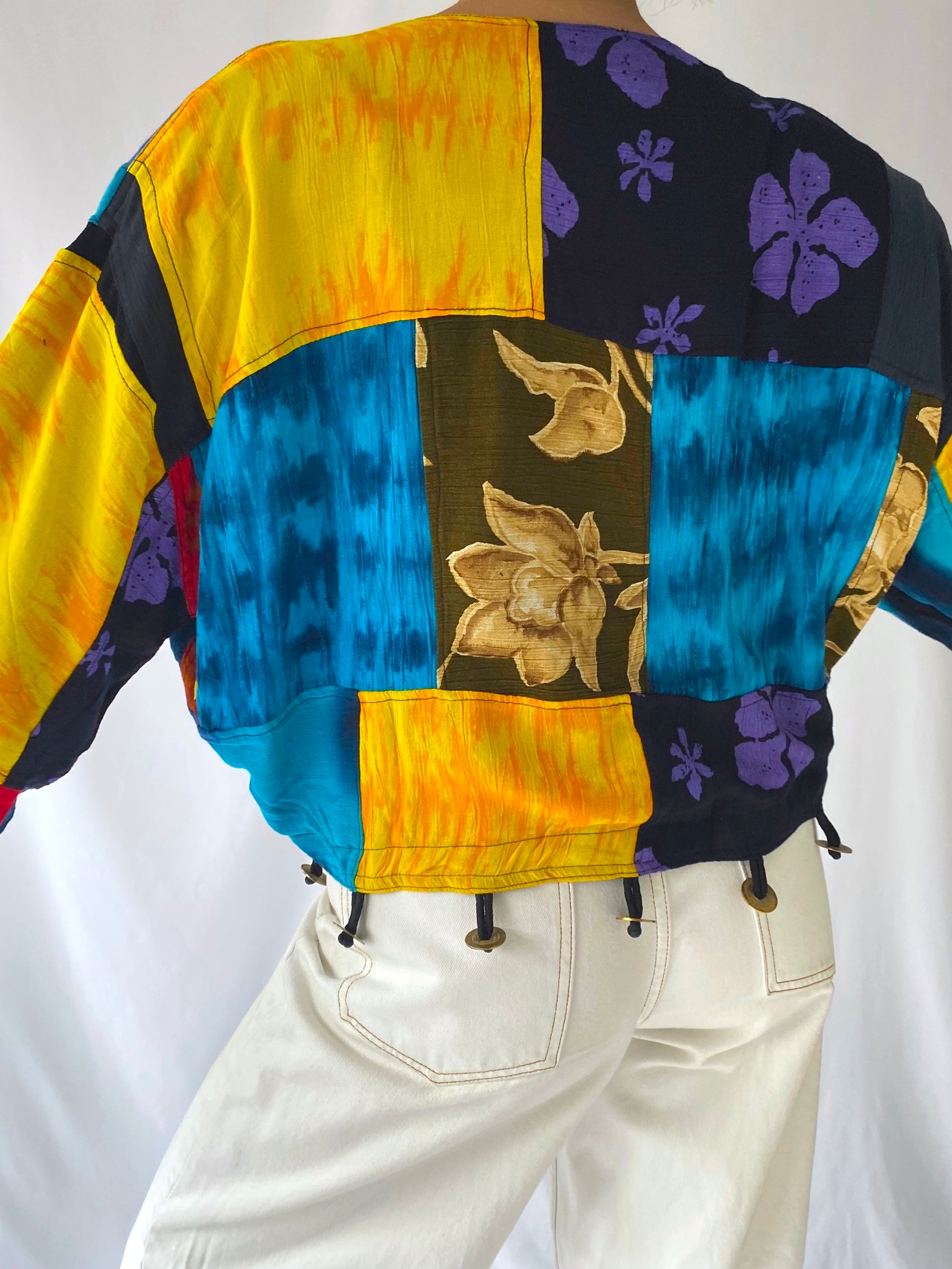 90s vintage colorful tie dye patchwork cropped jacket