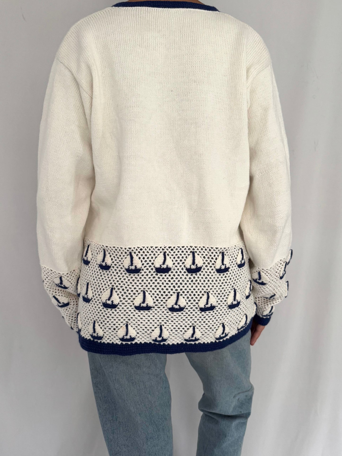 90s vintage cream navy novelty sailboat print embroidered knit cardigan